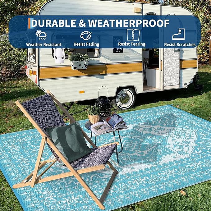 GAOMON Outdoor Rug Waterproof 9x18 Reversible Plastic Straw Rug, Large Rugs for Patio UV-Resistant Portable RV Camping Mats, Indoor Outdoor Medallion Carpet for Deck Porch Garden, Light Blue