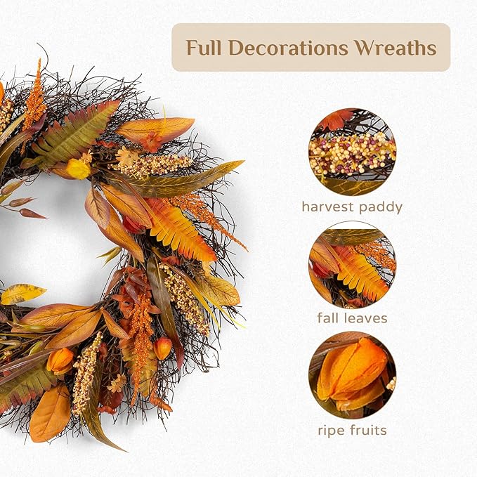 Fall Wreath for Thanksgiving Decorations 24inch - Walasis Large Wheat Wreaths for Front Door - Harvest Grain Gold Autumn Wall Decor for Indoor Outdoor
