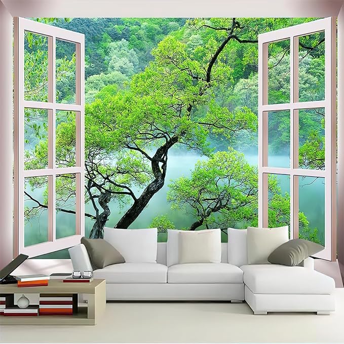 FENDROM Misty Lake Forest Tapestry Wall Hanging Nature Green Tree Landscape Window View Tapestries for Bedroom Living Room Dorm Decor