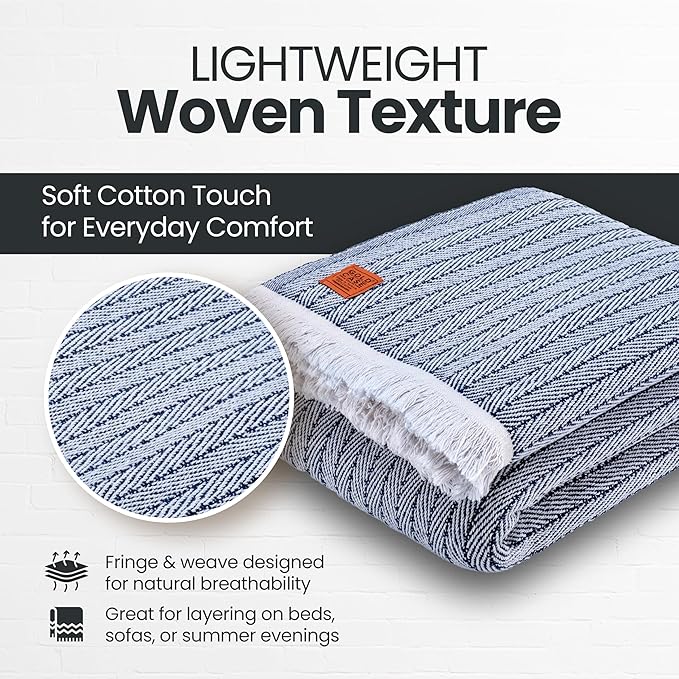 Gold Case Throw Blanket for Bed – 100% Recycled Turkish Cotton Bed Blanket – Decorative Throw Cotton Blankets for Living Room & Bedroom – Vintage Navy Blue Woven Queen Blankets – 90x90