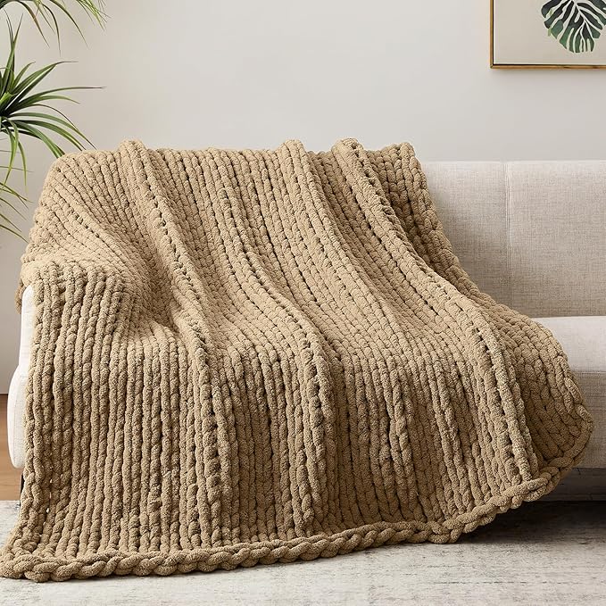 Chunky Knit Throw Blanket, 30''*40'' Knitted Throw Chenille Yarn for Bed Couch, Handmade Light Brown Crochet Big Thick Blanket, Machine Washable Cute Comfy Blanket for Home Decor