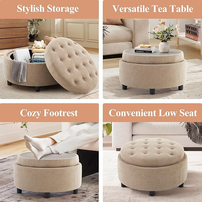 COLAMY Fabric Round Storage Ottoman with Reversible Tray Lid – Multi-Functional Footrest, Hidden Storage, Sturdy & Stylish Small Coffee Table for Living Room, Bedroom, or Entryway(Camel)