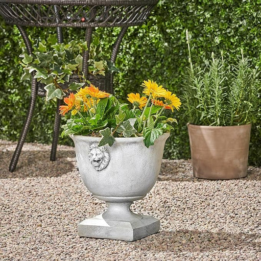 Christopher Knight Home Jorine Light Concrete Planter, Patio Planter, Large Garden Pot, Mid-Centry Gadern Urn, Lionhead Accent Plant Pot, Flower Urn with Drainage Hole for Backyard Home, Antique White