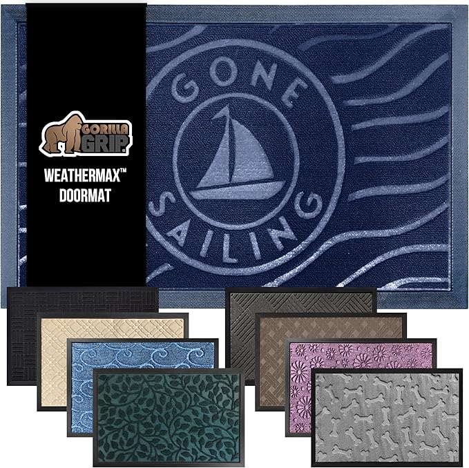 GORILLA GRIP 100% Waterproof All-Season WeatherMax Doormat US Designed Natural Rubber, Stain and Fade Resistant, Low Profile Indoor Outdoor Door Mats, Easy Clean Patio Mat, 17x29, Blue Sailing