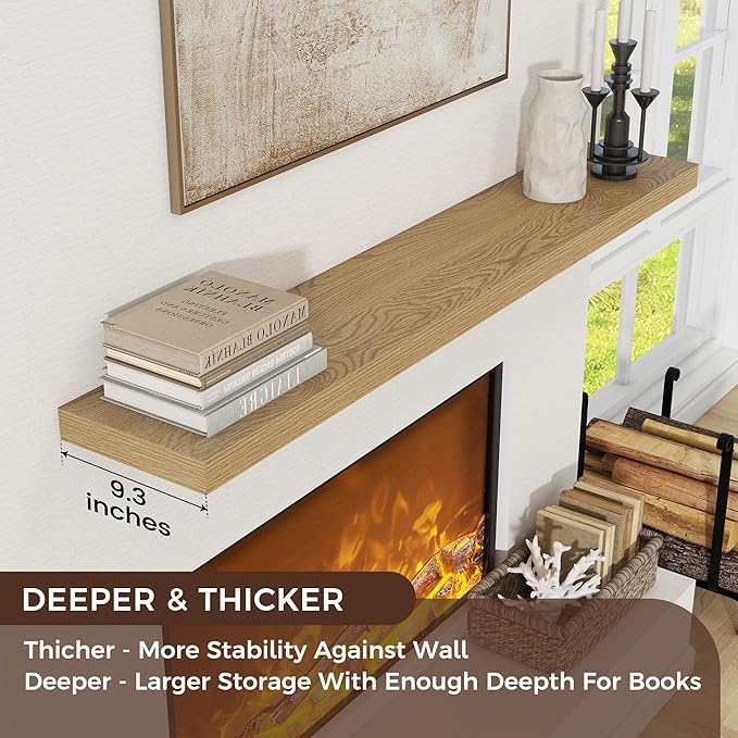 Floating Shelves for Wall, Large Wall Mounted Shelves with Invisible Brackets, Long Wood Floating Shelf for Living Room, Bedroom, Kitchen, Bathroom (Oak, 72" W x 9" D x 1.5" H)