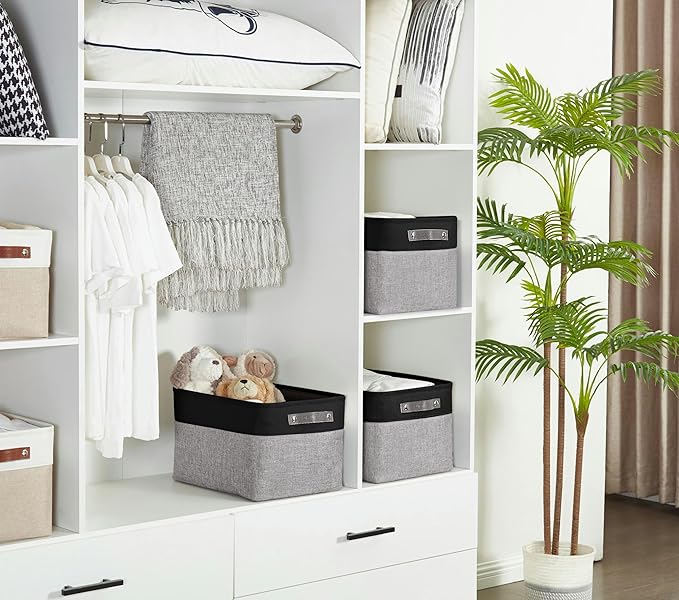 DECOMOMO Storage Baskets for Shelves - Fabric Closet Organizers and Storage Bins, Perfect Baskets for Organizing Closet Toys Nursery (Grey and Black, Large - 4 Pack)