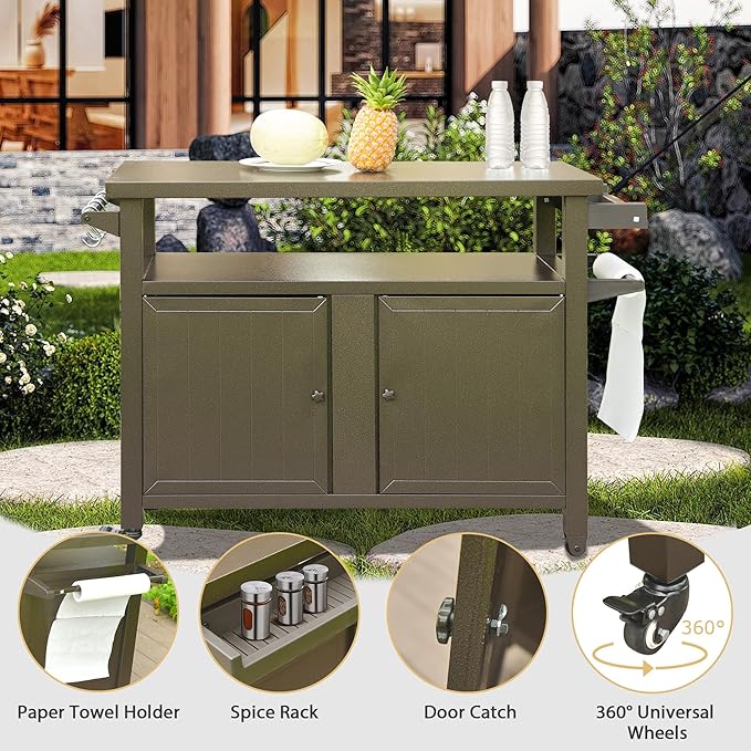 Domi Grill Carts Outdoor Storage Cabinet with Wheels, Metal Outdoor Grill Kitchen Table Dining Cooking Prep BBQ Table for Patio, Kitchen Island, Home Party, Bar (Brown)