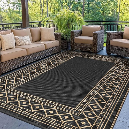 GENIMO Outdoor Rug Waterproof 9'x12' for Patio, Foldable Reversible Plastic Straw Carpet for Travel Trailers, Outside Area Mat for Rv, Deck, Picnic, Porch, Camper, Balcony, Beach, Black & Brown
