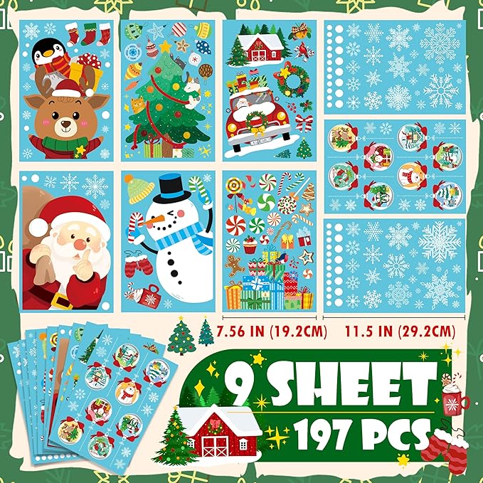 Christmas Window Clings - Christmas Large Window Stickers for Glass Window, Reusable Static Vinyl Double-Sided Winter Decals, Cute Snowflake Snowman Holiday Xmas Decorations, 197 PCS/9 Sheet