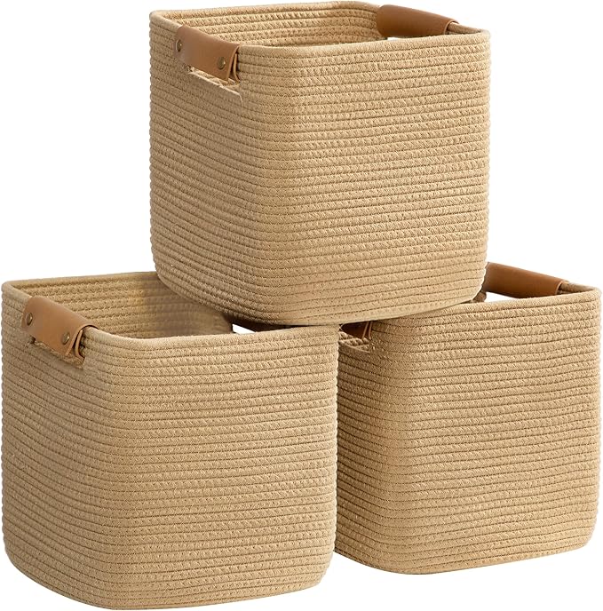 danpinera 3 Pack 11 Inch Woven Baskets for Storage, Stylish Storage Baskets for Shelves, Laundry, Bathroom, Kitchen, Cube Storage Bin, Cotton Rope Boho Baskets, Jute