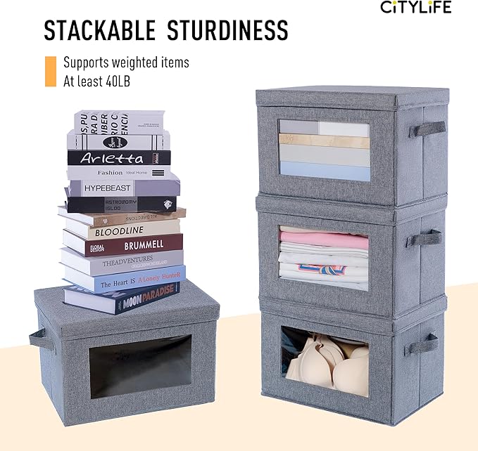 Citylife 3-Pack Collapsible Storage Bins with Lids, Linen Fabric Foldable Storage Boxes, Cube Closet Organization for Clothes, Blankets and Books, Gray