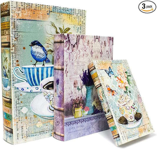 Decorative Book Box Set of 3, Trinket Keepsake Greeting Card Storage Box, Flower Bird Pattern Vintage Coffee Table Decoration, Graduation Gift Idea