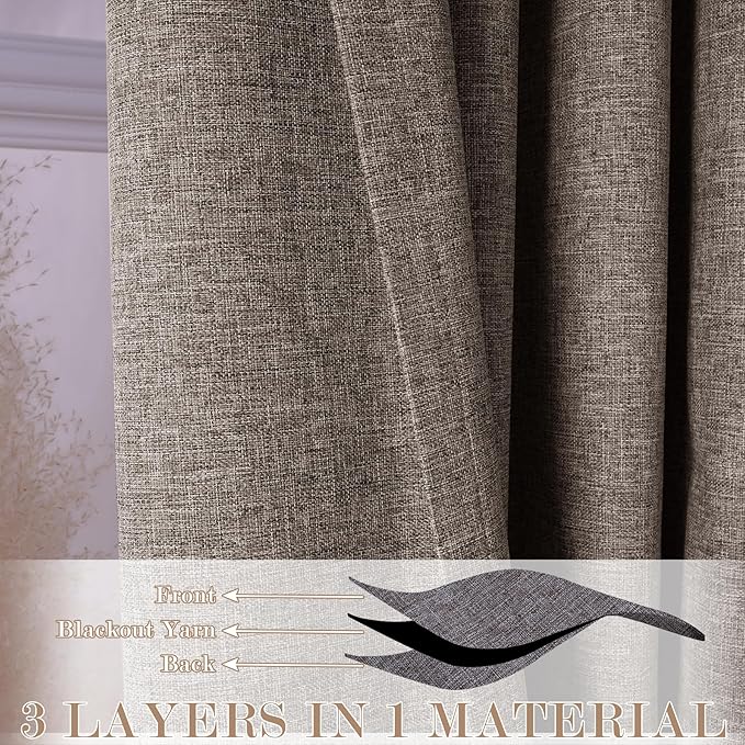 100" W x 84" L Faux Linen Room Divider Curtains, Full Blackout Pinch Pleated Drapes for Traverse Rod, Bedroom Divider Privacy Drapery with Hooks for Ceiling Track, 1 Panel, Light Coffee
