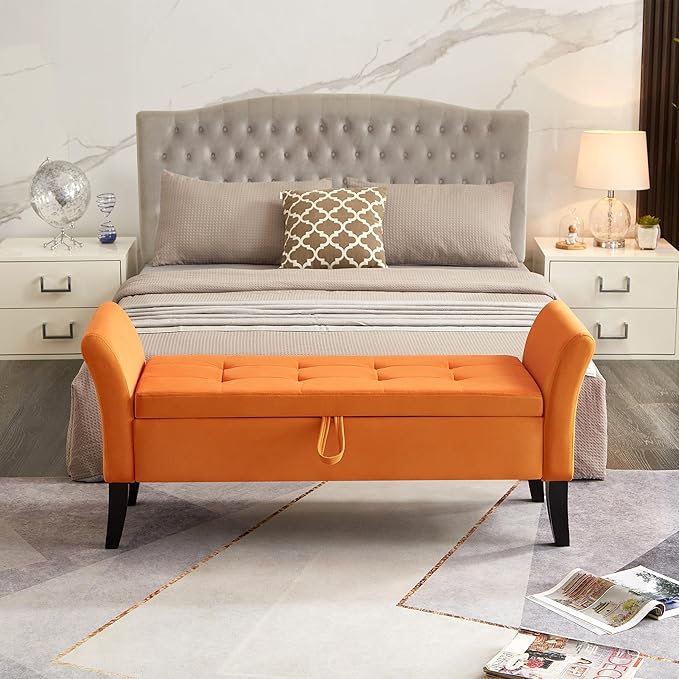 Furniliving 51 Inch Storage Bench for Living Room, Upholstered Bench Ottoman with Velvet Fabric, Modern Entryway Bench with Woodern Legs for Bedroom, Living Room, Shoe Storage & Seating, Orange