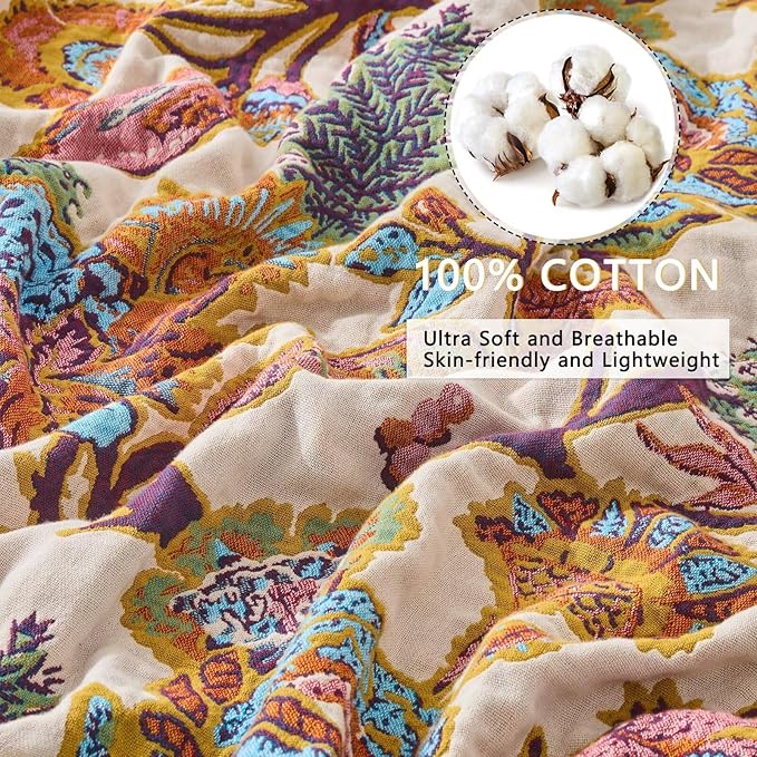 100% Cotton Summer Boho Throw Blanket, King Size Living Room Reversible Blanket, Boho Floral Bird Colorful Retro Quilt Ultra Soft Reversible Gauze Blanket for All Season, 90"x98"
