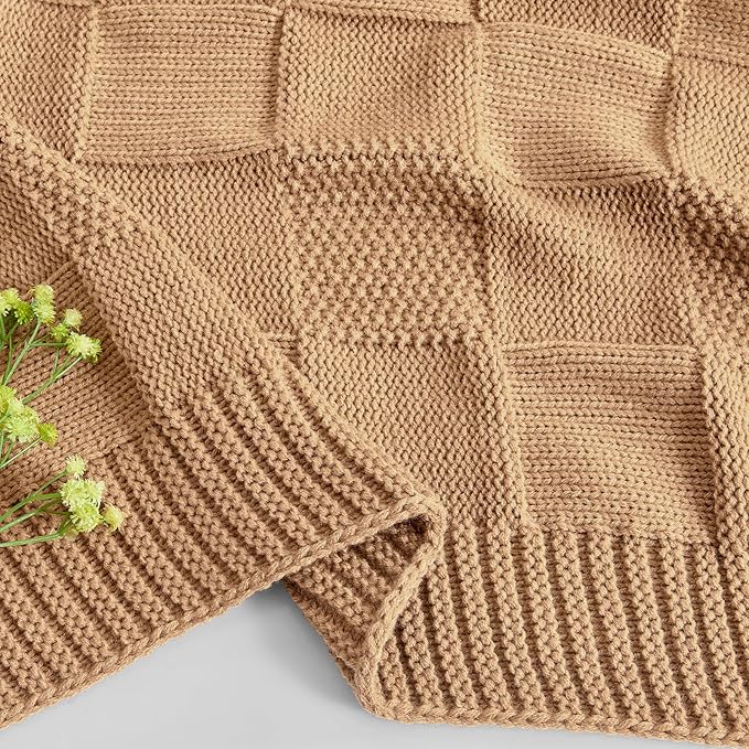 CozeCube Check Knit Throw Blanket, Beige Checkered Throw for Couch, Decorative Christmas Soft Cozy Warm Knitted Blanket for Bed Sofa Living Room, 50"X60"