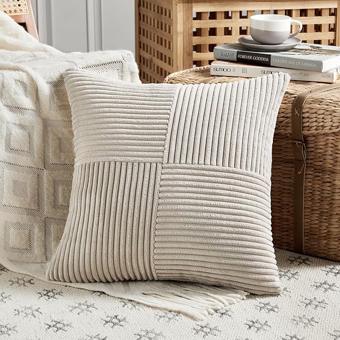 Fancy Homi 2 Packs Neutral Taupe Samll Decorative Throw Pillow Covers 14x14 Inch with for Couch Bed Sofa, Rustic Farmhouse Boho Home Decor, Soft Corss Patchwork Corduroy Square Cushion Case 35x35 cm