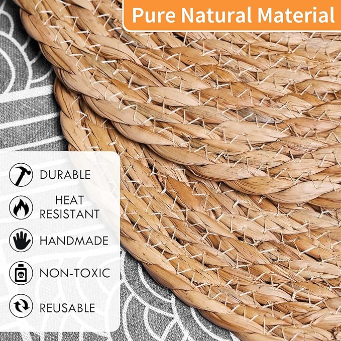 Defined Deco Woven Placemats Set of 6,13" Round Rattan Placemats,Natural Hand-Woven Water Hyacinth Placemats,Farmhouse Weave Place Mats,Rustic Braided Wicker Table Mats for Dining Table,Home,Wedding.