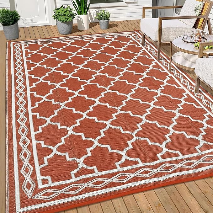 GAOMON Outdoor Plastic Straw Rug, 10'x14' Reversible Sage Green Patio Mat, Flower Modern Design for RV, Backyard, Deck, Camping, Picnic, Orange/White(Geometric)