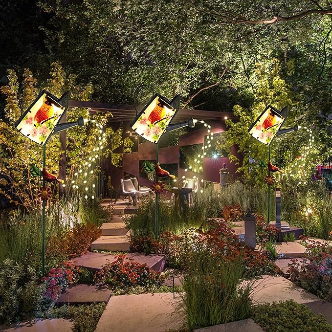 Garden Solar Lights Outdoor, Metal Watering Can Garden Stake Lights Cardinal Bird Decor Glass Art for Walkway, Pathway, Yard, Lawn