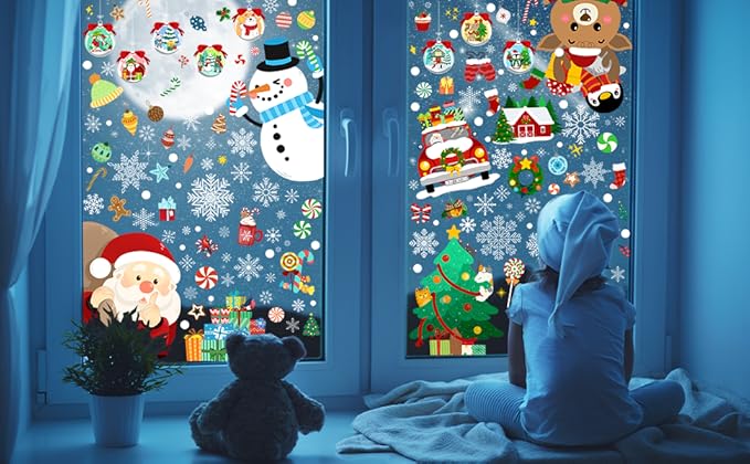 Christmas Window Clings - Christmas Large Window Stickers for Glass Window, Reusable Static Vinyl Double-Sided Winter Decals, Cute Snowflake Snowman Holiday Xmas Decorations, 197 PCS/9 Sheet