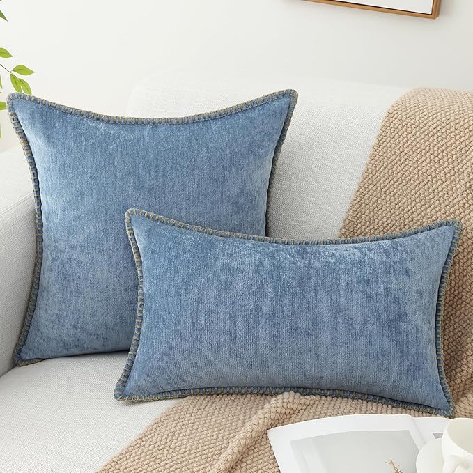 decorUhome Chenille Soft Throw Pillow Covers 24x24 Set of 2, Farmhouse Velvet Neutral Decorative Euro Pillow Covers with Stitched Edge for Couch Sofa Bed Home Decor, Blue