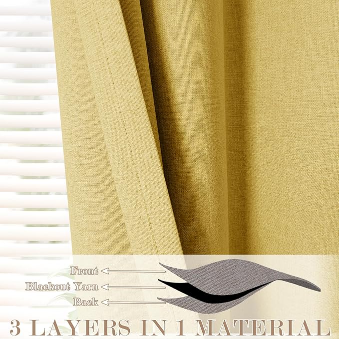 Extra Wide 100% Blackout Linen Textured Curtains - Room Dividers, W200 x L96 (1 Panel), Pinch Pleat Drapes for Living Room, Full Light Block Out Drapery for Sliding Door, Yellow