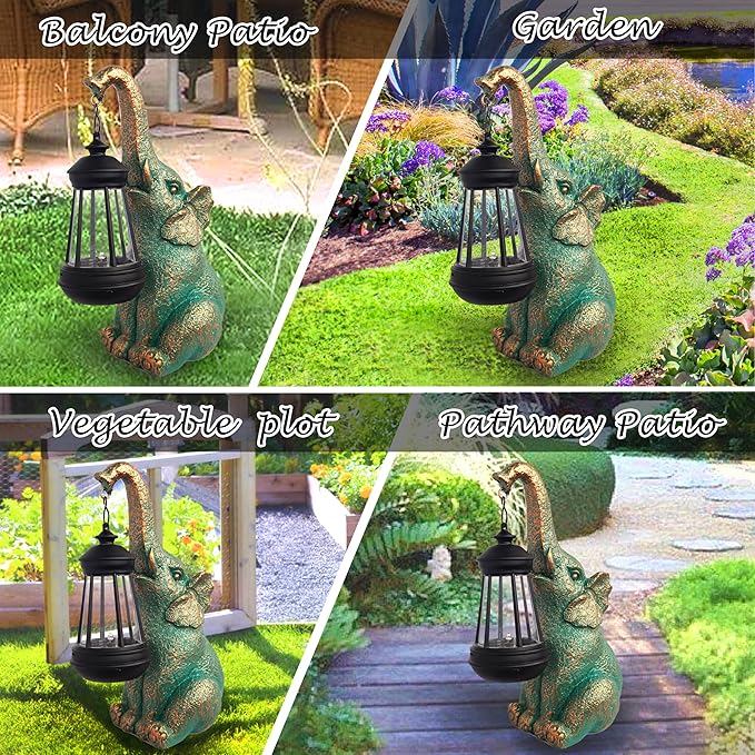 Elephant Garden Statue Outdoor Décor with Solar Lights Lantern,Elephant Solar Light Figurines Outside Decorations for Yard，Lawn Patio, Balcony, Unique Housewarming Gifts