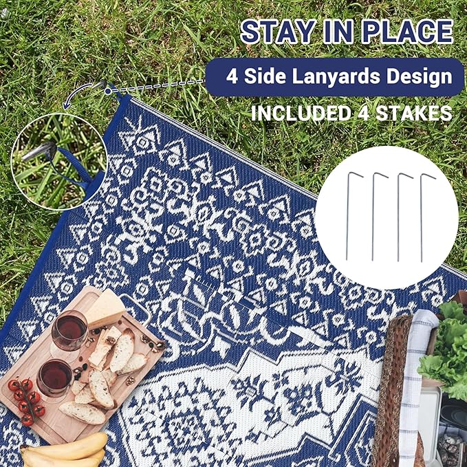 GAOMON Outdoor Rugs for Patio 9x12 Waterproof Reversible Plastic Straw Rug, Large UV-Resistant Portable RV Camping Mats, Indoor Outdoor Medallion Carpet for Deck Porch Garden, Dark Blue & White