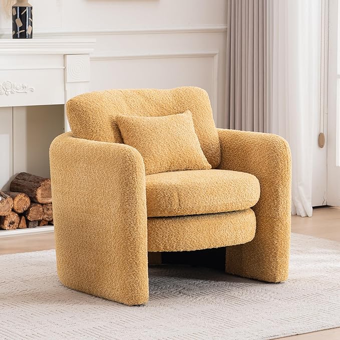 Chenille Accent Armchair Oversize Upholstered Barrel Comfy Modern Round Lounge Sofa Chair with Pillow Cozy Reading Chairs for Apartment,Office,Living Room,Dining,Makeup,Club,Yellow