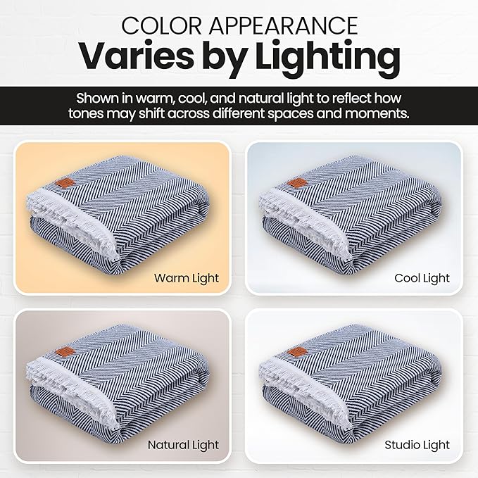 Gold Case Throw Blanket for Bed – 100% Recycled Turkish Cotton Bed Blanket – Decorative Throw Cotton Blankets for Living Room & Bedroom – Elegant Navy Blue Woven Queen Blankets – 90x90