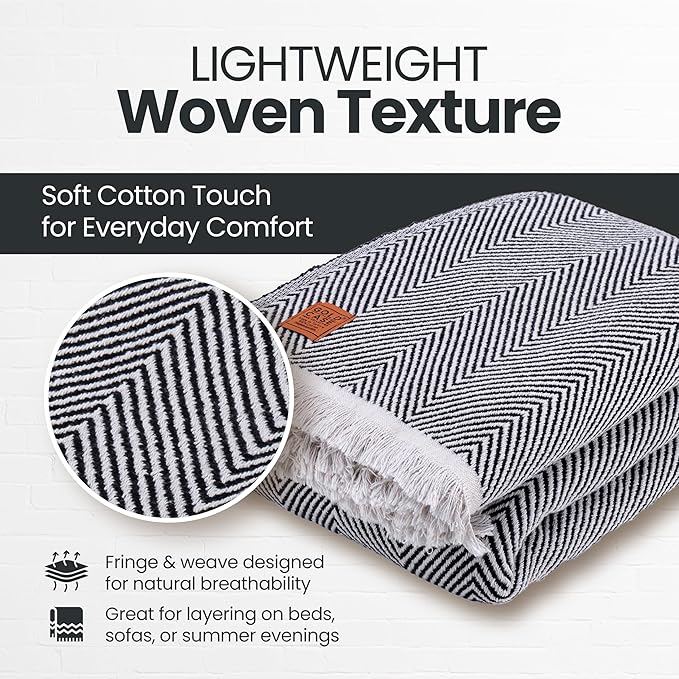 Gold Case Throw Blanket for Bed – 100% Recycled Turkish Cotton Bed Blanket – Decorative Throw Cotton Blankets for Living Room & Bedroom – Woven Twin Blankets - 71x90 - Black