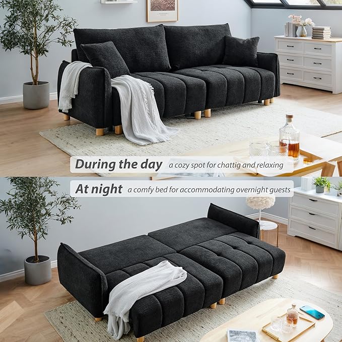 Convertible Sofa Bed, 90" Full Size Sleeper Sofa with Storage, Tufted Chenille 3 Seat Sofa Couches for Living Room, Small Spaces, Guest Room, Apartment, Black