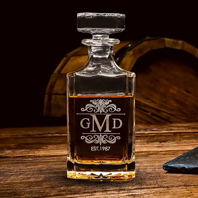 Gifts Inscribed Custom Whiskey Decanter Bottle (750 ml) - Personalized Glass Liquor Decanter Set - Customized Glassware - Engraved Whisky Glassware Gift for Wedding, Groomsman, Anniversary, Birthday
