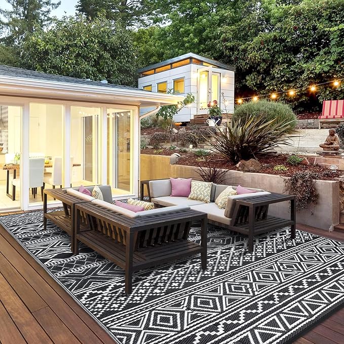 GAOMON Outdoor Rug Waterproof 8'x10', Reversible Outdoor Plastic Straw Rug, Boho Patio Rug, Indoor Outdoor Carpet, RV Mat Outside for Patio, Camp, Picnic, Balcony, Deck, Black/White(Bohemia)