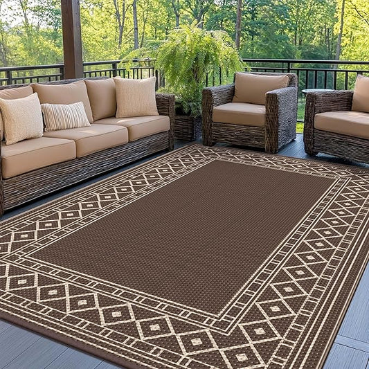 GENIMO Outdoor Rug Waterproof for Patio, 8'x10' Foldable Reversible Plastic Straw Carpet for Travel Trailers, Outside Area Mat for Rv, Deck, Picnic, Porch, Camper, Balcony, Beach, Coffee & Beige