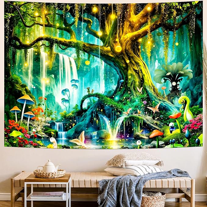 Delur Magical Forest Tapestry Fantasy Tree of Life Enchanted Fairy Tale Forest Tapestry Mystical Psychedelic Nature Landscape Wall Hanging Headboard for Bedroom Living Room Home Decor (70.8" x 92.5")
