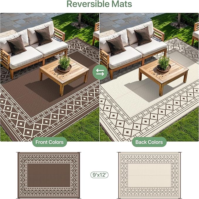 GENIMO Outdoor Rug Waterproof for Patio, 9'x12' Foldable Reversible Plastic Straw Carpet for Travel Trailers, Outside Area Mat for Rv, Deck, Picnic, Porch, Camper, Balcony, Beach, Coffee & Beige