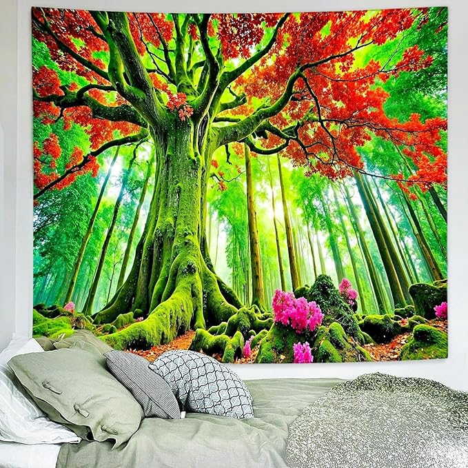 Delur Forest Tapestry Tree of Life Green Landscape Rainforest Wall Hanging Tapestry Colorful Mystical Nature Spiritual Psychedelic Headboard for Bedroom Living Room Home Decor (70.8" x 92.5")