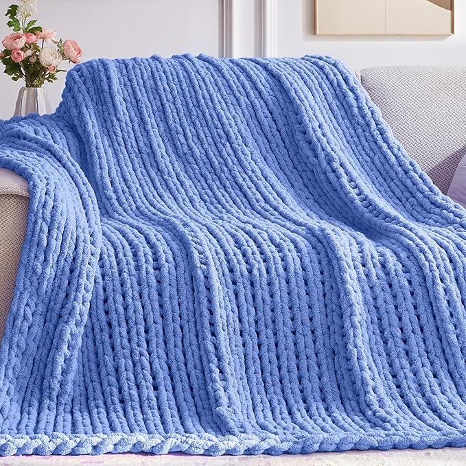 Chunky Knit Throw Blanket, 60''*80'' Knitted Throw Chenille Yarn for Bed Couch, Handmade Light Blue Crochet Big Thick Blanket, Machine Washable Cute Comfy Blanket for Home Decor