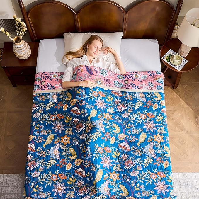 Fall Throw Blanket for Couch, Blue Boho Decorative Throw Blanket, 100% Cotton Muslin Breathable Woven Farmhouse Blankets Quilt, 50"x60" Reversible Lightweight Blankets Bohemian Throw Quilt