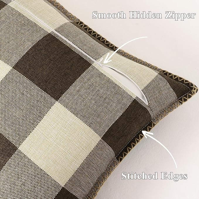 decorUhome Buffalo Plaid Check Throw Pillow Covers 22x22 Set of 2, Outdoor Decorative Farmhouse Neutral Pillow Covers with Stitched Edge for Bed Couch Sofa, Brown and Beige