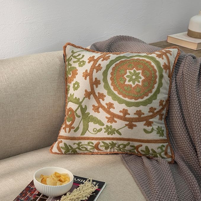 Embroidered Mandala Floral Vintage Indian Cotton Decorative Embroidery Throw Pillow Covers, Fringes Lace Cushion Cover, Pillow Case for Sofa Couch Bed Chair 18" x 18"