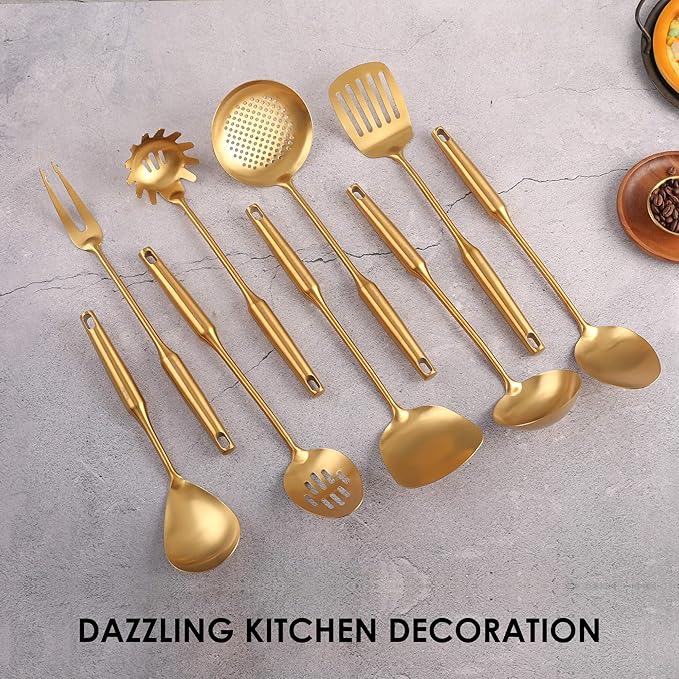 Gold Kitchen Utensils Set - 18/10 Stainless Steel Cooking Tools, 15" All Metal Serving Utensils with Fork, Solid/Slotted Spoon, Spatula, Ladle, Skimmer, Tunner, Pasta Spoon, Large Spoon, Set of 9