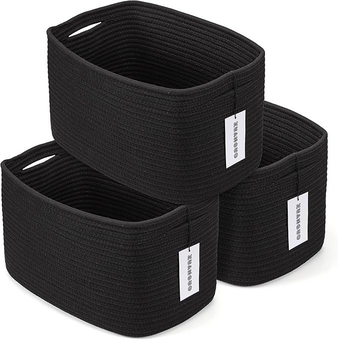Cotton Rope storage Basket Bins 14.5X9.5X9.3“ Woven Basket for Organizing Shelves Rectangle Decorative Baskets For storage Clothes Toys Books Towels Square Wicker Nursery basket organizer 3 pack black