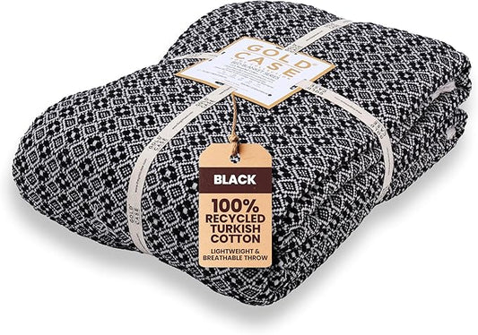 Gold Case Throw Blanket for Bed – 100% Recycled Turkish Cotton Bed Blanket – Decorative Throw Cotton Blankets for Living Room & Bedroom – Woven Twin Blankets - 71x90 - Black