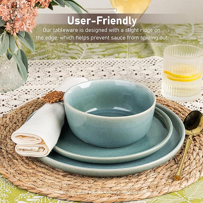 GBHOME Ceramic Dinnerware Sets for 4, 12 Pieces Stoneware Plates and Bowls Sets, Scratch Resistant Dishes, Dishwasher & Microwave Safe, Reactive Glaze-Malachite Green