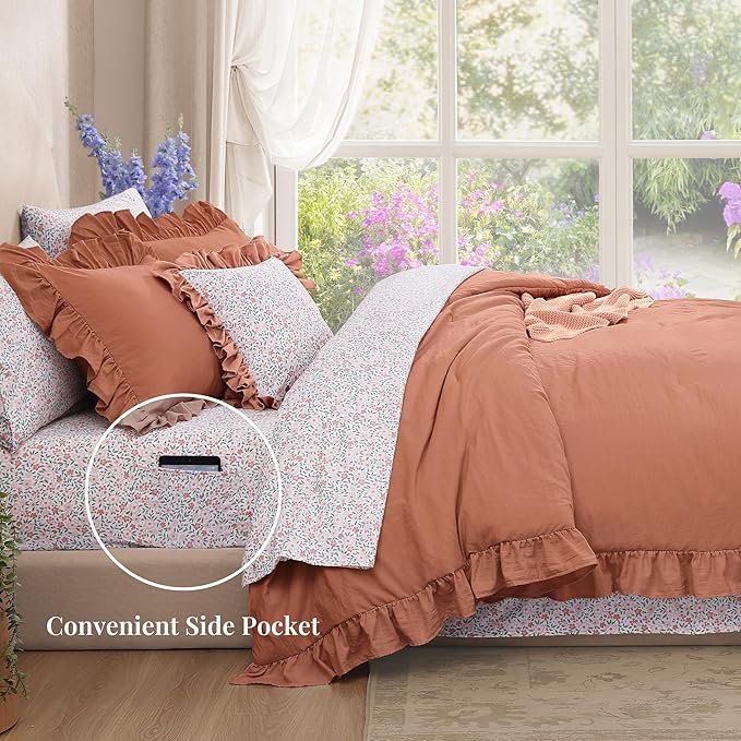 Full Comforter Set - 7 Pieces Ruffle Autumn Leaf Bedding Sets, Shabby Chic Farmhouse Bed in a Bag Full with Ruffle Comforter, Floral Sheets, Pillowcases & Shams