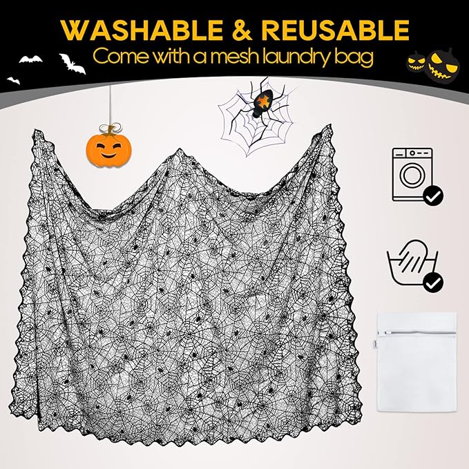 eZAKKA Halloween Table Cloth, Spider Webs Tablecloths Black Tablecloth Lace Fabric Table Cloths Spooky Cover for Rectangle Tables for Parties Gothic Halloween Home Decorations, 60x84 Inch