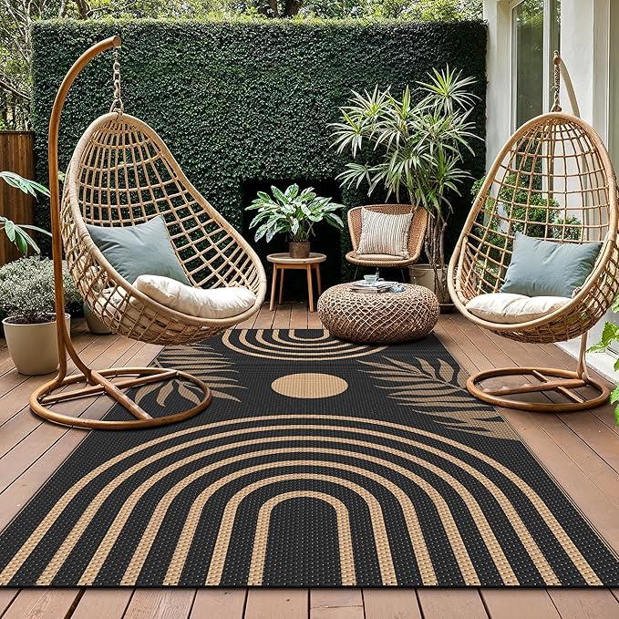 GENIMO Outdoor Rug 5' x 8' Waterproof for Patio Clearance, Reversible Plastic Straw Camping Carpet, Lightweight Rugs Mats for Rv, Backyard, Deck, Porch, Picnic, Balcony, Mix-Black & Brown